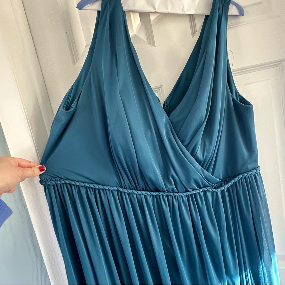 Azazie A24 TANICIA Stretch Ink Blue A-Line V-Neck Pleated Mesh Dress - Picture 3 of 6